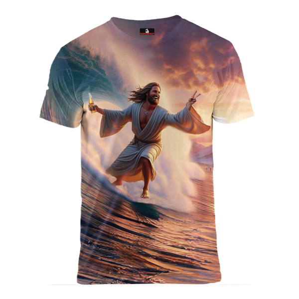 Jezus Op Een Surfplank Met Een Biertje Fout Shirt