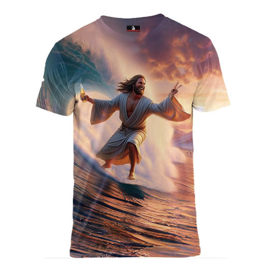 Jezus Op Een Surfplank Met Een Biertje Fout Shirt